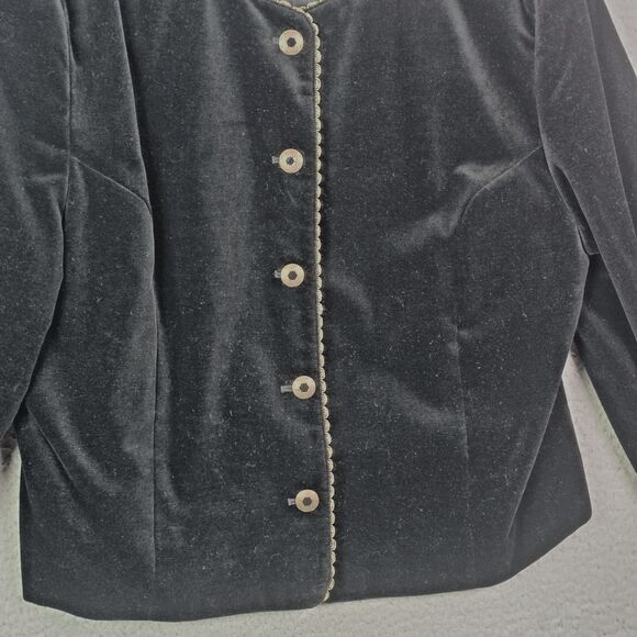 Tan Jay Black Velvet Blazer Gold Trim Metallic Buttons 14 Elegant - Picture 4 of 16